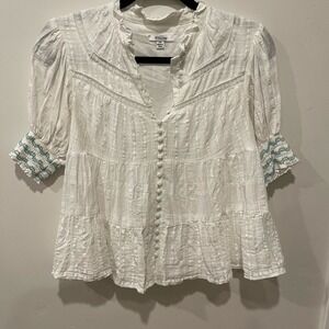 BTFL-life XS White Button-Down Women top tiered boho pintuck pleats embroidered